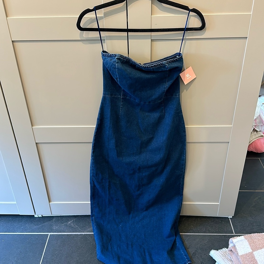 Blue denim midi bodycon dress